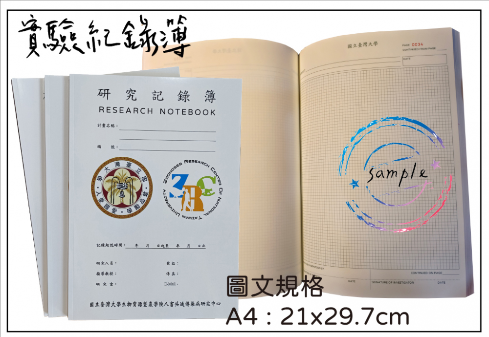 適用：實驗室或研究開發或計畫申請或專利申請，師生及相關研究人員於從事研究工作、實驗或發明、創作等過程及結果，研究紀錄簿為技術文件供工作傳承用之目的.....